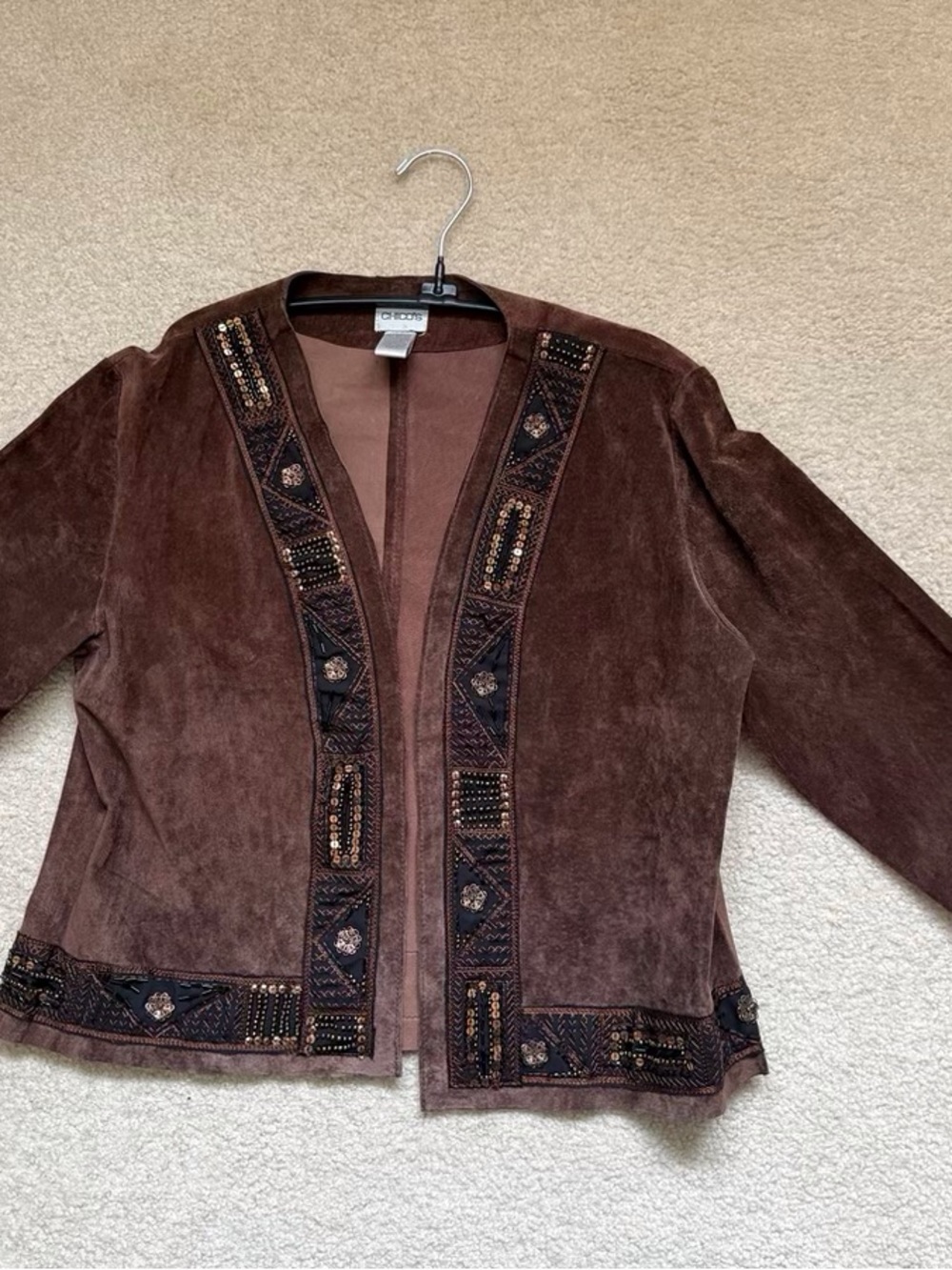 Chico's Chocolate Brown Suede Embellished Open-Front Jacket